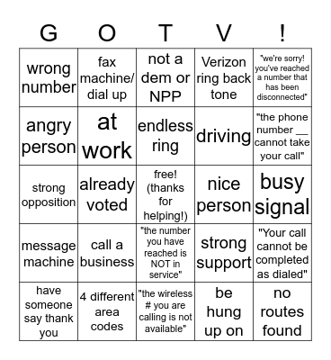 GOTV Bingo! Bingo Card