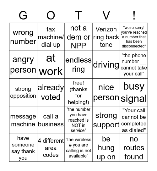 GOTV Bingo! Bingo Card