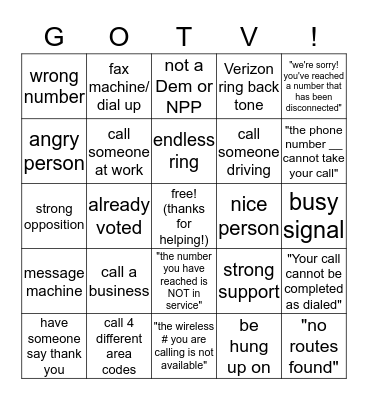 GOTV Bingo! Bingo Card