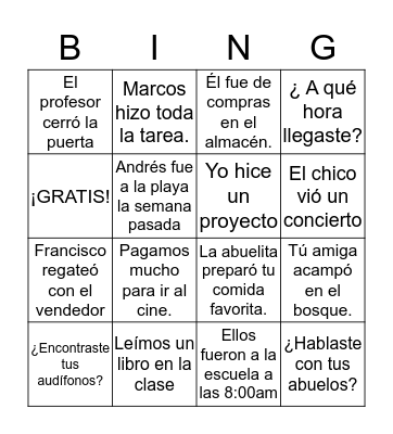 Preterite Bingo Card