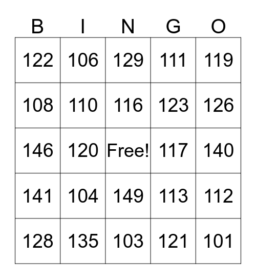 three digit  Bingo Card