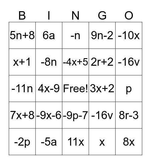 Expression Bingo Card