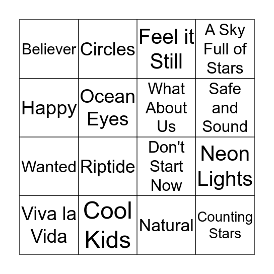 Pop Song Bingo Card