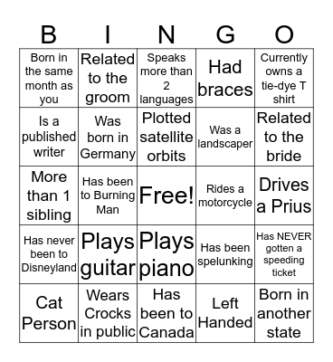 Bridal BINGO Card