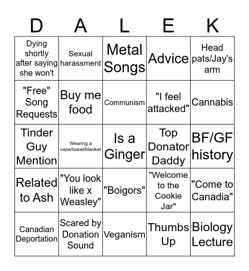 Dalek Streams Bingo Card
