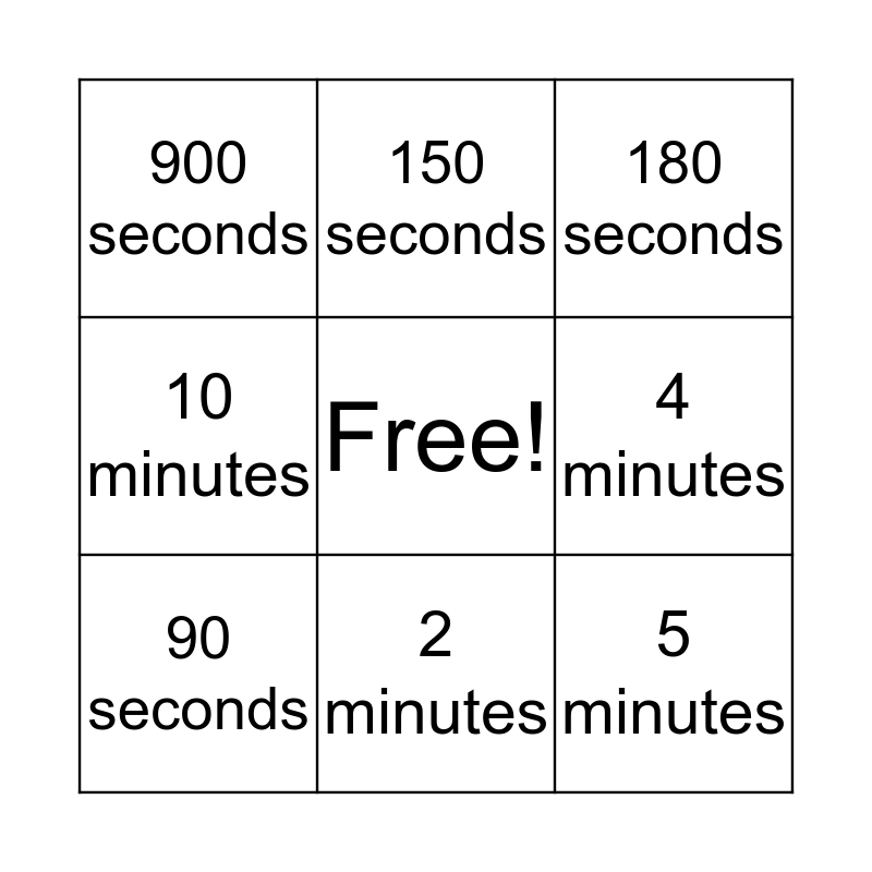 Time conversion bingo Card