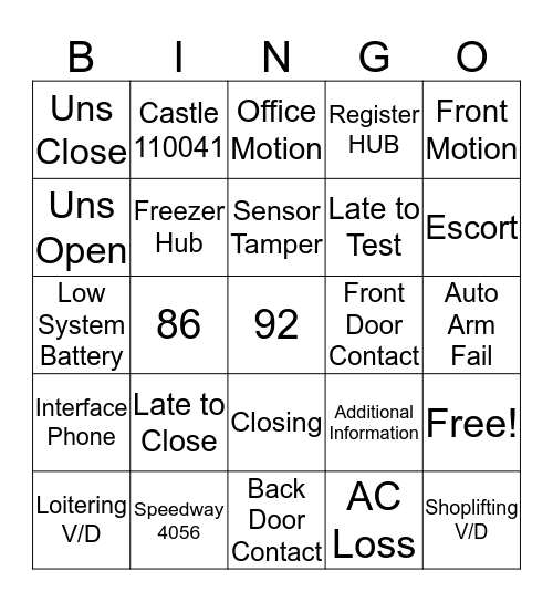 Grave Shift Bingo Card