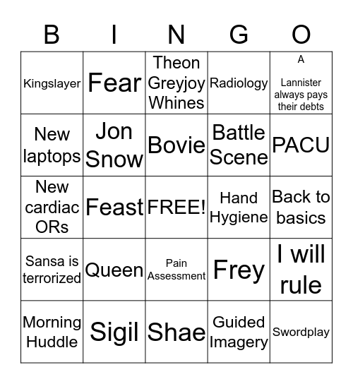 GAME OF ZONES Bingo Card