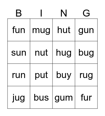 Short /u/ Bingo Card