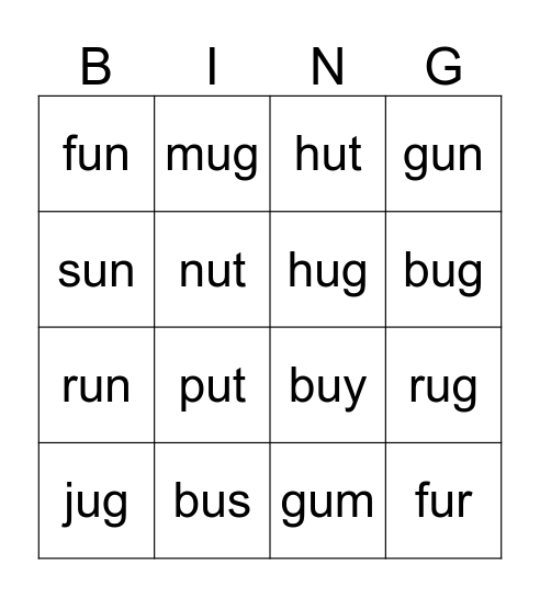 Short /u/ Bingo Card