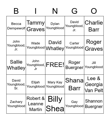 YOUNGBLOOD REUNION 2014 Bingo Card