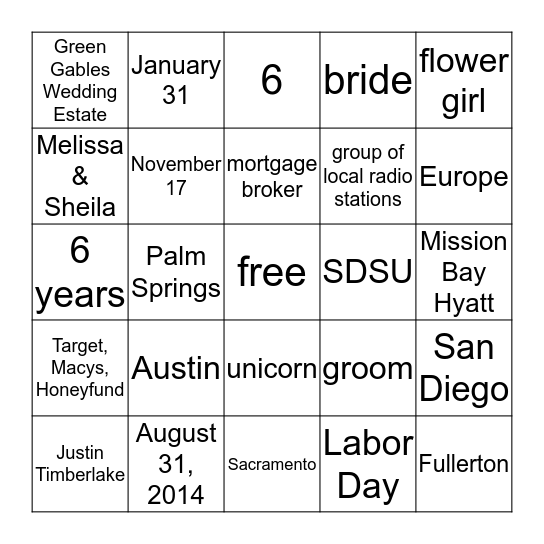 B & T Wedding Bingo Card