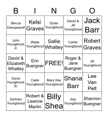 YOUNGBLOOD REUNION 2014 Bingo Card