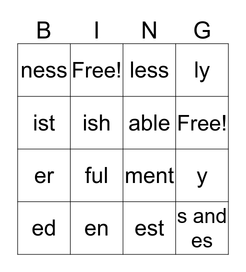 Suffix Bingo Card