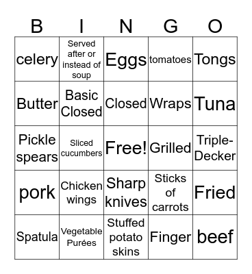 Sandwiches and Appetizers  Bingo Card