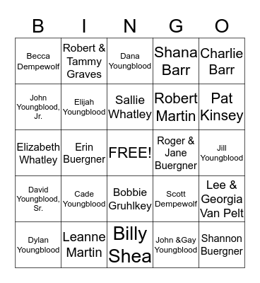 YOUNGBLOOD REUNION 2014 Bingo Card