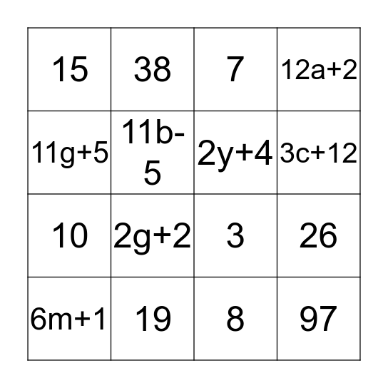 Expressions and Equations Bingo Card