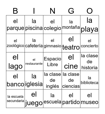 los lugares 7 Bingo Card