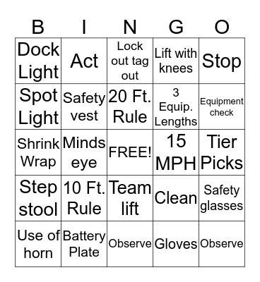 Safety Bingo Card