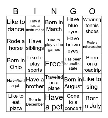 Getting to Know You! Bingo Card