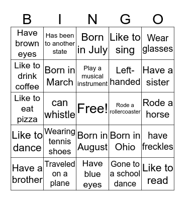 Getting to Know You! Bingo Card