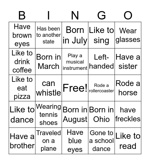 Getting to Know You! Bingo Card