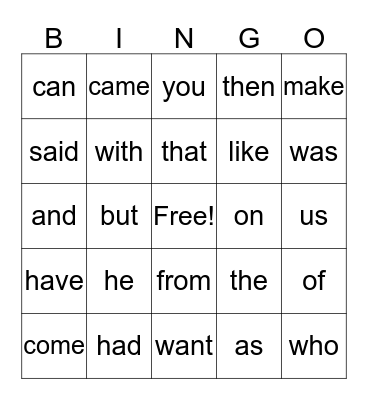 1st grade sight words Bingo Card