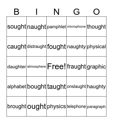 aught, ought and ph words Bingo Card