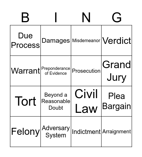 Judiciary Vocabulary Review Bingo Card