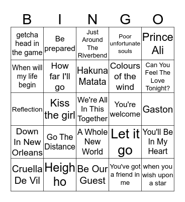 Disney Music Bingo! Bingo Card