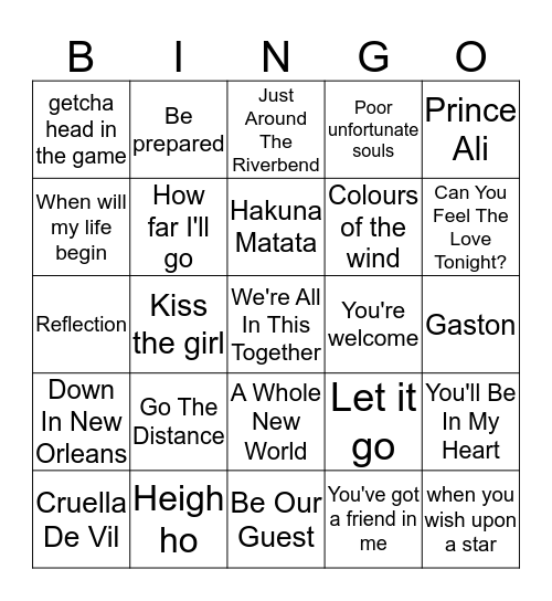 Disney Music Bingo! Bingo Card