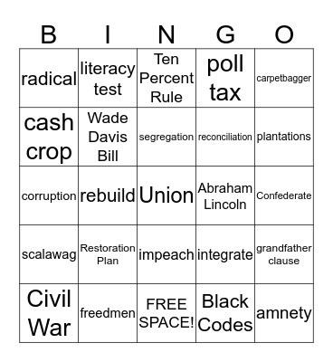 Reconstruction Bingo Card