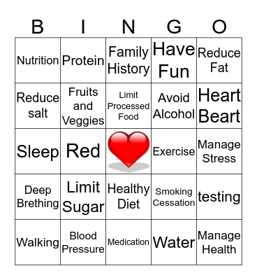Healthy Heart BINGO Card