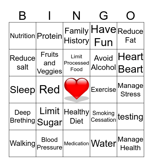 Healthy Heart BINGO Card