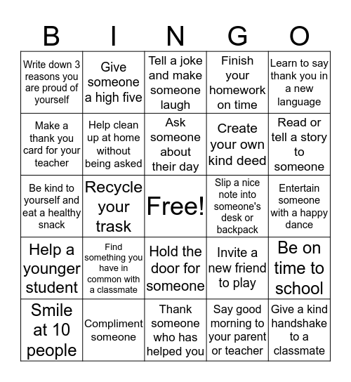 Kindness Game Bingo Card