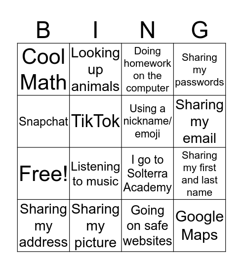 Interney Safety Bingo Card