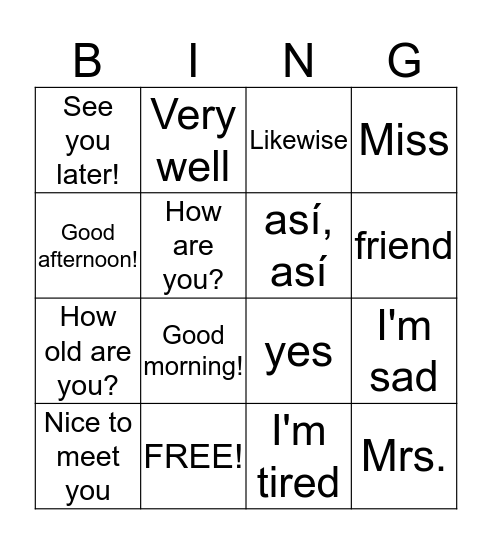 Spanish Greetings and Things Bingo Card