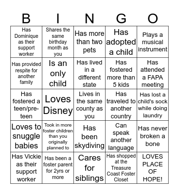 Foster Family Bingo Card