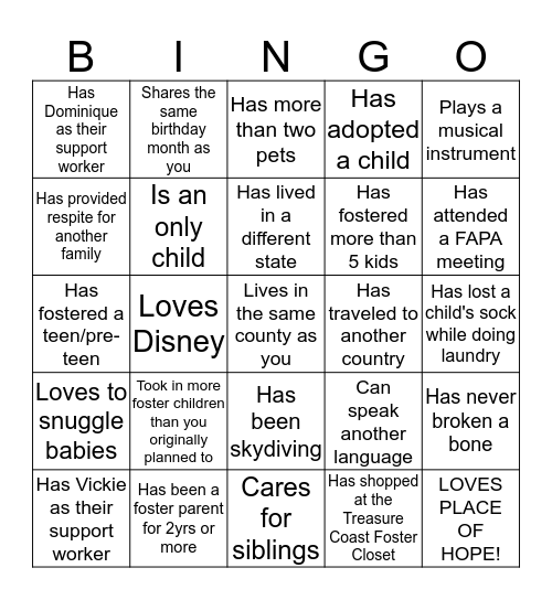 Foster Family Bingo Card