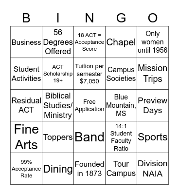 BLUE MOUNTAIN COLLEGE Bingo Card