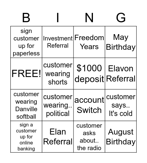 Danville Ladies Bingo Card