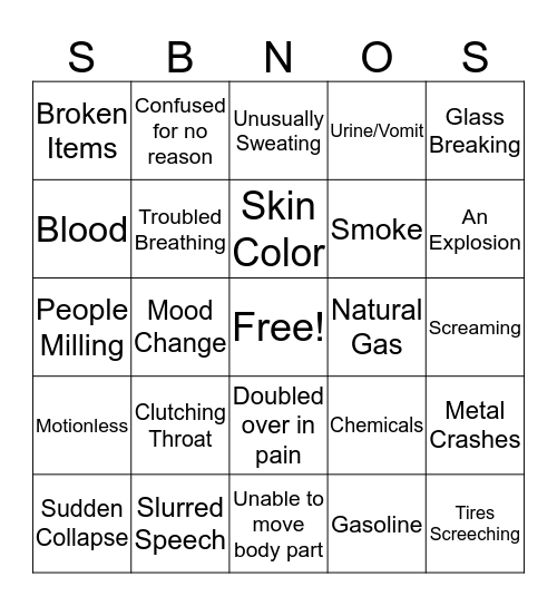 Recognizing an Emergency Bingo Card