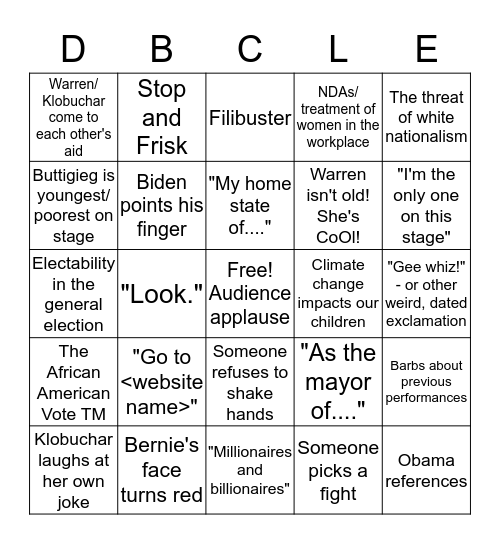 Feb 25 Debate Debacle Bingo Card