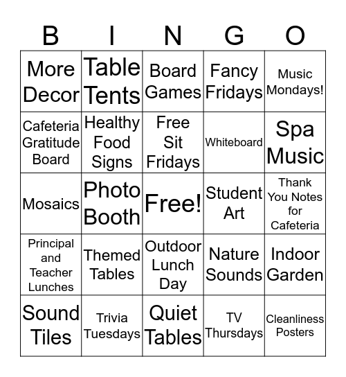 Cafeteria Idea Brainstorm Bingo Card