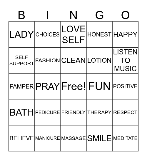 PAMPER ME Bingo Card