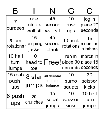 Fitness Bingo  Bingo Card