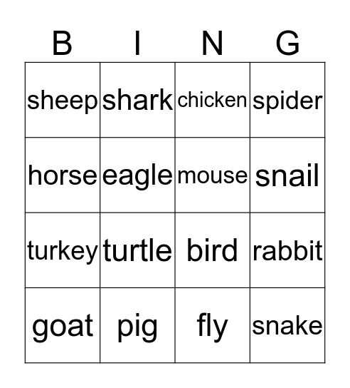 Animals Bingo  Bingo Card