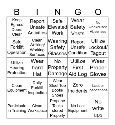 Safety Bingo Card