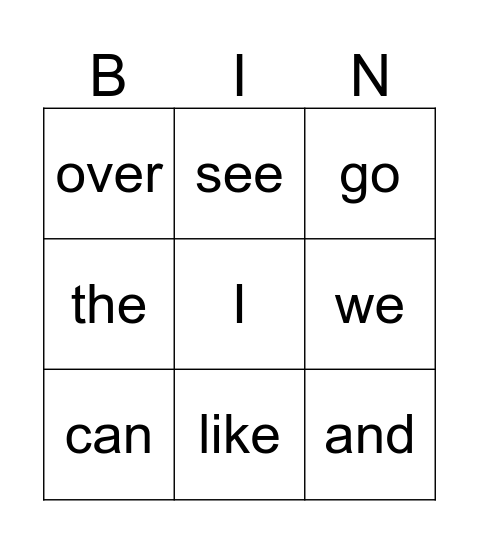 K Sight Word Bingo Card