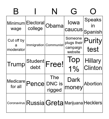 Democratic Debate Bingo Card